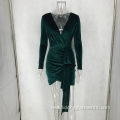 Womens V-neck Sexy Long Sleeve Velvet Bodycon Dress